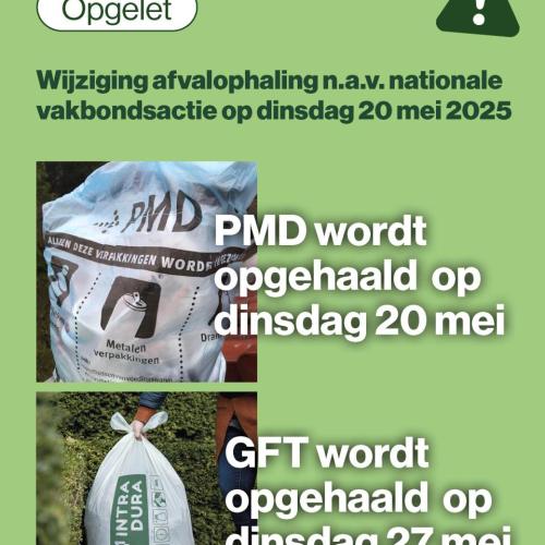 Wijziging afvalophaling door nationale vakbondsactie op 20/5