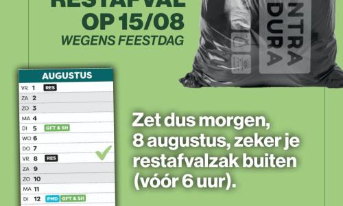 Geen restafvalophaling op feestdag vrijdag 15 augustus
